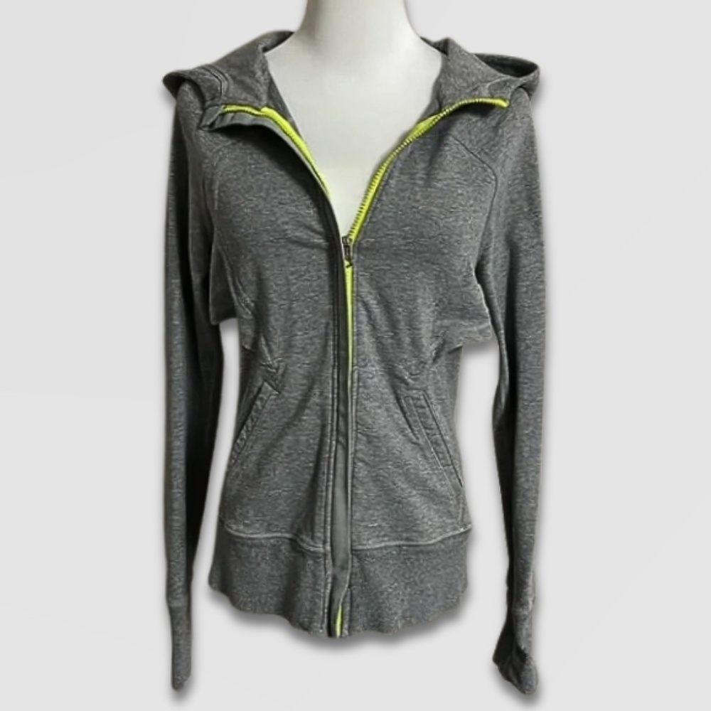 Lululemon After Asana Hoodie Front Zip Mesh Panel Grey/Neon Yellow Women’s US 8